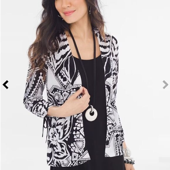 Chicos abstract floral ruched 3/4 sleeve w tie detail open front cardigan Size L - Picture 5 of 6